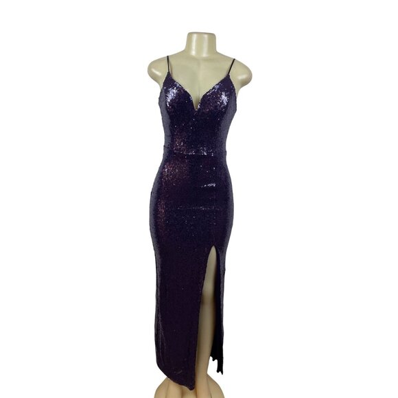 B.Smart Purple Sequin Spaghetti Strap Midi Dress With V-Neck & Side Slit Sz 9/10 - Picture 1 of 8